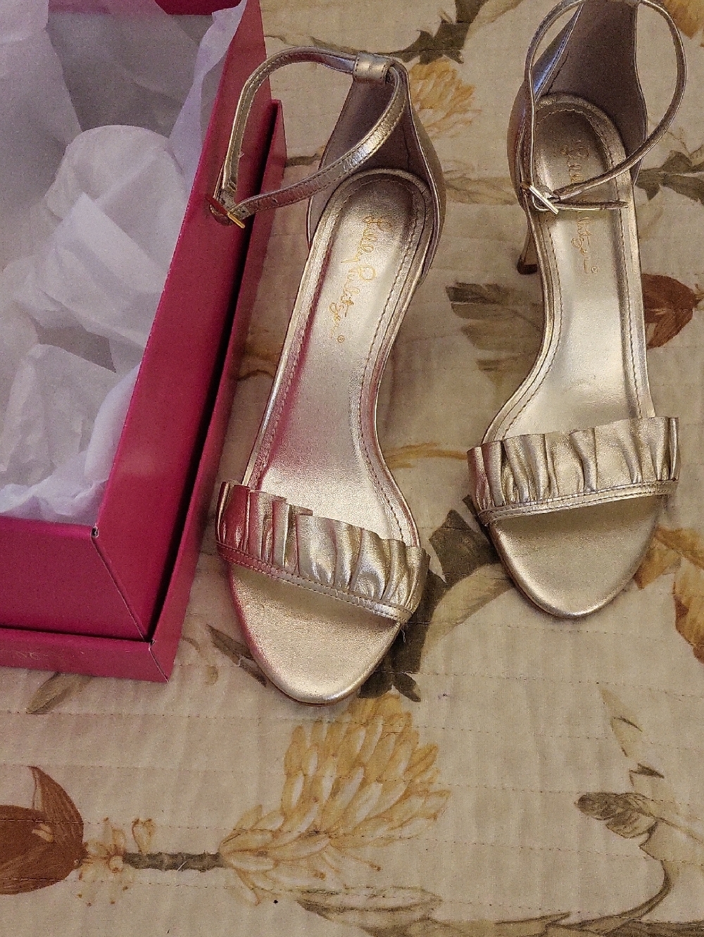 Lilly Pulitzer Metallic Gold Ruffled Ankle-Strap Heels